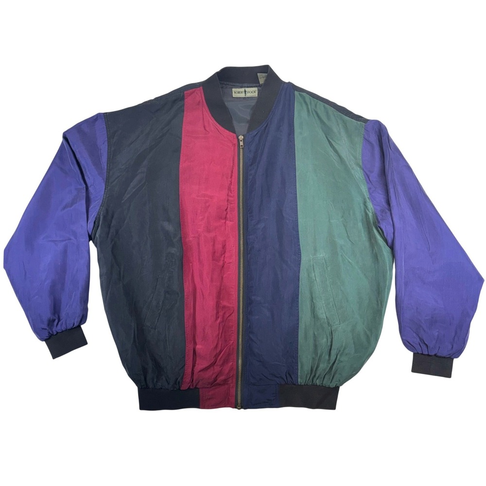 Robert Stock Silk Bomber Jacket Windbreaker Multicolor Colorblock Vintage 90s L